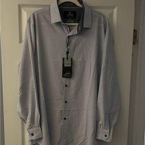 Tom Baine Performance Button Down Shirt Slim Fit White Blue Print Size XXL